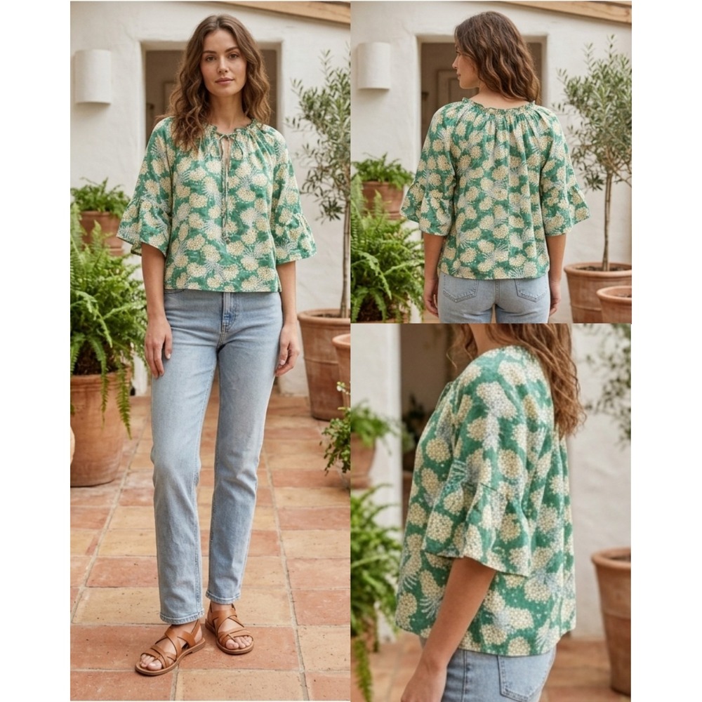 Voy Blouse Top Womens M Green Floral Embroidered Keyhole Tie Neck Ruffle Sleeve